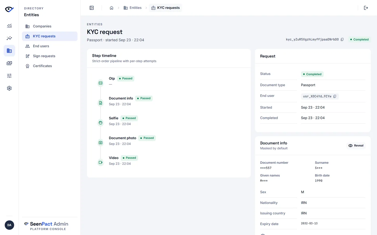 Admin console — a verified request's strict-order step timeline with per-step attempts and timestamps, and masked document data behind an audited reveal