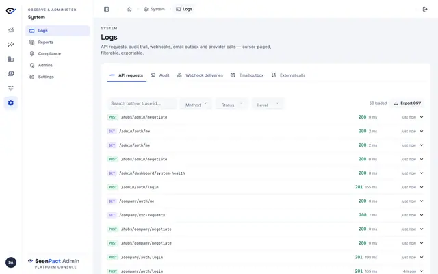 Logs explorer — A unified log explorer for API requests, audit trail, webhooks, email outbox and provider calls — cursor-paged, filterable and exportable.